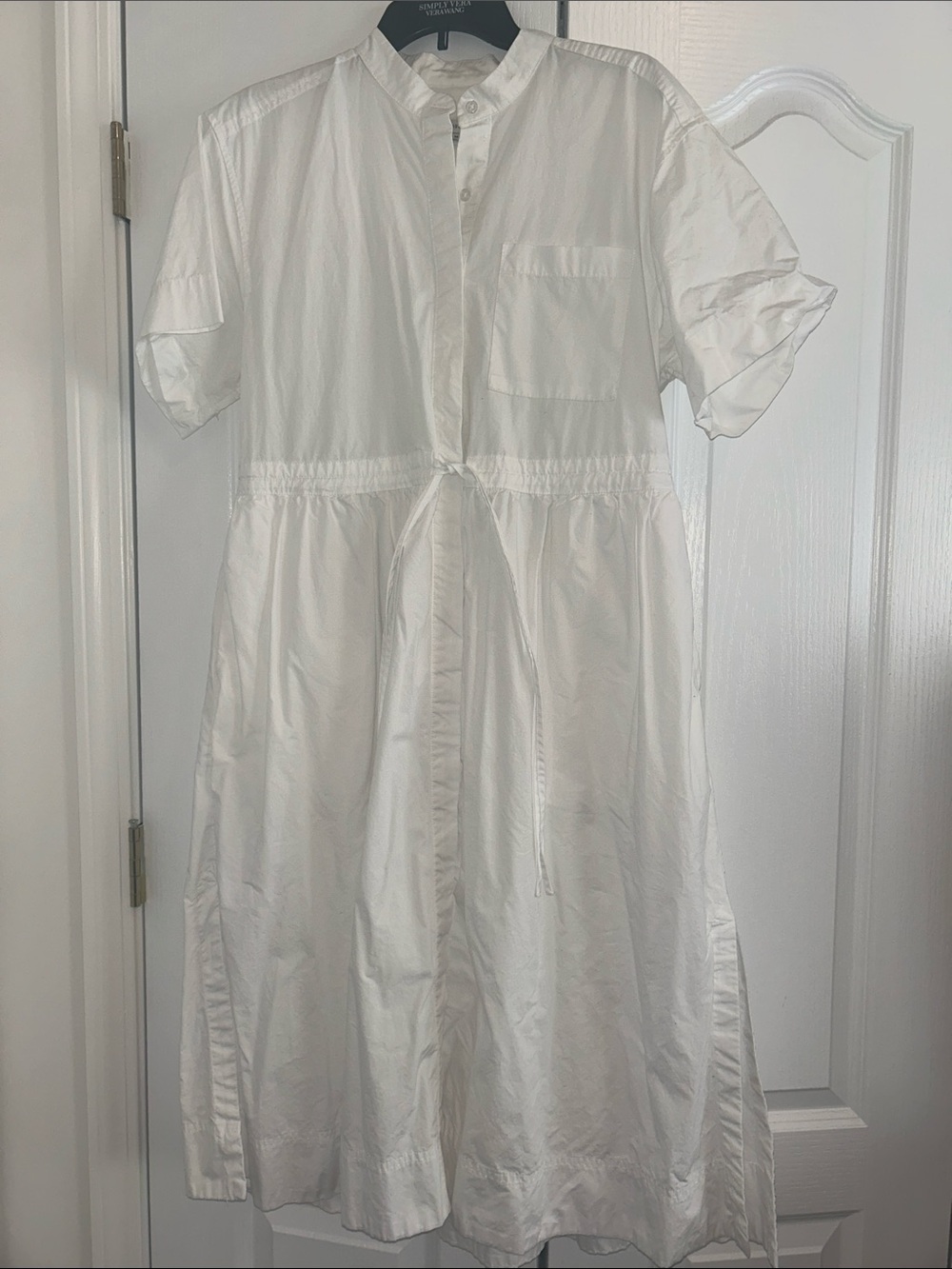 White Short-Sleeve Drawstring Shirt Dress